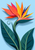 Stylized coral, pink, orange, and yellow bird-of-paradise bloom with sweeping teal leaves on a pale-blue background.