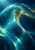 Luminous turquoise and teal wave-like fold with fine parallel lines and an amber-lit opening against a deep navy background.