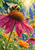 Fuzzy bumblebee perched on a magenta coneflower with raindrops on its petals and blurred orange and blue-purple flowers behind it.