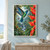 Iridescent hummingbird hovering beside large scarlet heliconia flowers, with a smaller bird, dense rainforest foliage, waterfall, and stream.; frame shown for styling only