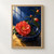 Coral-red camellia with glossy leaves and buds laid across a dark cobalt bowl against a blue and ochre background.; frame shown for styling only