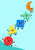Five smiling red, yellow, blue, mint-green, and orange geometric shape characters rise diagonally across a pale aqua background.