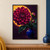 Large deep-magenta dahlia with two buds and dark green foliage above a cobalt-blue vase, against plum with a golden arc.; frame shown for styling only