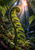 Dew-beaded unfurling fern rising through dark forest foliage toward a bright canopy opening, with sunbeams and a distant waterfall.