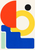 Flat abstract composition with a red-orange semicircle, yellow ring, cobalt stepped form, small black circle and pale mint rectangle.