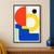 Flat abstract composition with a red-orange semicircle, yellow ring, cobalt stepped form, small black circle and pale mint rectangle.; frame shown for styling only