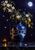 Glossy cobalt-blue amphora with white blossoms, green leaves and yellow citrus fruit, beneath a full moon beside a candle.