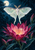 Pale patterned moth with long hindwing tails hovering above a vivid pink flower amid dark foliage, with a moon at upper left.