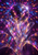 Tiled mirrored disco ball above translucent multicolored petal forms against a dark field of radiating light.