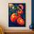 Textured illustration of three red-orange tomatoes on a leafy vine with a cut tomato half in the foreground, set against indigo with a coral sun.; frame shown for styling only