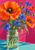 Orange poppies and blue cornflowers in a glass jar against a magenta wall, painted with bold textured strokes.