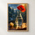 Red-orange poppy in a clear carafe with a cut lemon and green leaf, against diagonal rain and blue-green shadows.; frame shown for styling only