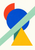 Cobalt circle crossed by a mint diagonal band, with a vermilion curved shape and marigold triangle on a warm-white background.