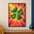 A large green four-leaf clover against radiating marigold, orange, coral, pink, and plum sunburst shapes, with “Clover in the Sun” at the bottom.; frame shown for styling only