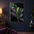 Fan of patterned jade, turquoise and plum leaves with a bright lime-green unfurling leaf against a near-black background.; frame shown for styling only