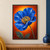 Large cobalt-blue poppy-like bloom with a golden-yellow center against burnt orange, with curved green stem and soft leaves.; frame shown for styling only