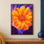 Close-up stylized golden-orange flower with a coral stippled center, cobalt and fuchsia radiating marks, and dark plum leaves.; frame shown for styling only