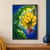 Golden bananas hang beneath a curling green leaf, with a violet-red blossom against a saturated blue background.; frame shown for styling only