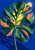 Oversized textured green monstera-like leaf with bright light through its center, coral accents, and a yellow sun-like disc on blue.