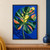 Oversized textured green monstera-like leaf with bright light through its center, coral accents, and a yellow sun-like disc on blue.; frame shown for styling only