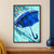 Cobalt umbrella with a hooked handle amid turquoise water streaks, white splashes, and coral and yellow drops.; frame shown for styling only
