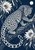 Spotted leopard crouching on a diagonal branch and looking toward the viewer, with pale flowers, leaves, a looping tail, and a small moon.