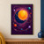 Glowing orange-yellow disk and dark blue crescent surrounded by elliptical paths and colored spheres on plum.; frame shown for styling only