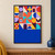 Colorful geometric tile grid with a large turquoise-and-coral pinwheel and broad cobalt band at the bottom.; frame shown for styling only