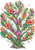 Fan-shaped tropical floral arrangement with orchids, hibiscus-like flowers, ferns, and broad leaves on a white and pale-aqua background.