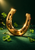 Upright polished brass horseshoe on a green felt-like surface, with scattered clovers, copper sparks and a warm spotlight.