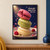 Three stacked raspberry, pistachio, and vanilla macarons with title lettering on a midnight-indigo background.; frame shown for styling only