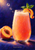 Peach-colored fizzy drink in a tall glass with mint and peach-skin garnish, a cut peach, rising bubbles and the title Peach Bellini.