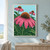 Three pink coneflowers among dense green leaves on pale aqua, with water droplets on the large foreground bloom cropped at the lower edge.; frame shown for styling only