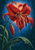 Large rain-beaded crimson tiger lily with dark-spotted recurved petals, a hanging bud and broad leaves against a blue and teal background.