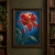 Large rain-beaded crimson tiger lily with dark-spotted recurved petals, a hanging bud and broad leaves against a blue and teal background.; frame shown for styling only