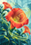 Large coral trumpet flower with two smaller blooms, teal foliage, glowing pollen and curling luminous ribbons against a pale aqua conservatory.