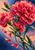 Cluster of ruffled pink and raspberry carnations with green stems and loose petals against a blue-and-peach painterly background.