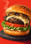 Large burger with a sesame bun, browned mushroom caps, melted pale cheese, tomato, and leafy greens on a dark slate plate against a red-orange background.