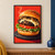 Large burger with a sesame bun, browned mushroom caps, melted pale cheese, tomato, and leafy greens on a dark slate plate against a red-orange background.; frame shown for styling only