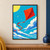 Vermilion diamond kite with crossed spars and a long S-curving ribbon tail against a turquoise sky, with two birds, cloud bands, and a partly cropped yellow sun.; frame shown for styling only