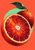 Large cut blood orange with ruby segments in front of a whole orange, a sweeping green leaf, and a mint circle on a coral background.