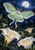 A pale green luna moth floats above white trumpet-shaped flowers beneath a bright full moon in a deep indigo sky.