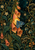 Blue moth resting on a glowing golden-orange foxglove bell amid dense leaves, flowering stems, seed pods, rain droplets, and a small moon.