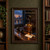 Painterly still life of an antique-style wooden desk telephone with brass-toned details and a separate receiver on a desk by a rainy dusk window; First Ring at Dusk title at top.; frame shown for styling only