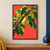 Yellow-green pear on a diagonal leafy branch, with partly hidden pears, water droplets, and a coral-red background.; frame shown for styling only