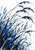 Dark grass stems and seed heads sweep diagonally across a white ground, accented by cobalt-blue leaves and small green marks.