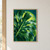Large perforated green monstera-like leaf with three bright droplets against deep teal and a yellow-green glow.; frame shown for styling only