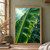 Close-up of a large rain-covered banana leaf with a central rib and a bright falling droplet against dark foliage.; frame shown for styling only