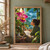 An adult woman sketches a large magenta-and-gold orchid beside a rain-streaked window, framed by tropical leaves and a bright landscape.; frame shown for styling only
