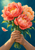 Three coral and apricot peonies with green leaves gathered in two hands against a deep blue-green background, with a loose petal floating nearby.